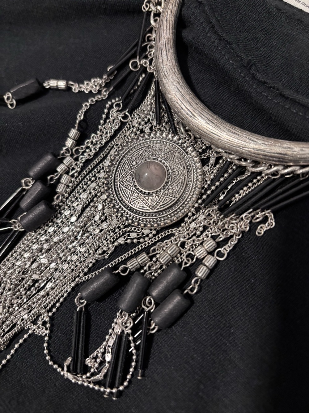 Free People Bohemian Silver-Tone Statement Fringe Necklace with Black Accents